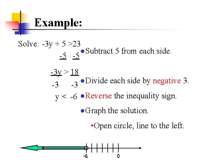 Example: Solve: -3 y + 5 >23 ●Subtract 5 from each side. -5 -5