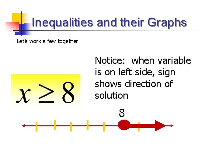 Inequalities and their Graphs Let’s work a few together Notice: when variable is on