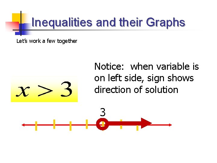 Inequalities and their Graphs Let’s work a few together Notice: when variable is on