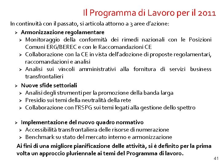 Il Programma di Lavoro per il 2011 In continuità con il passato, si articola