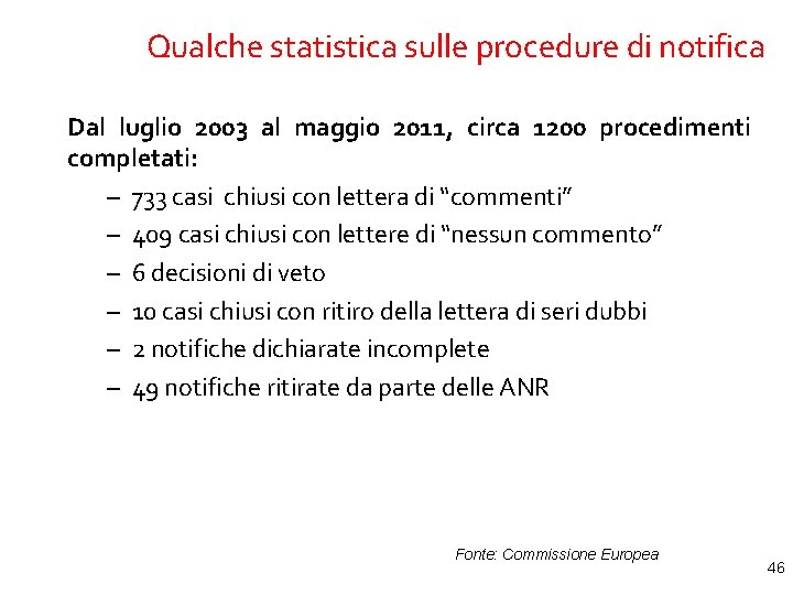 Qualche statistica sulle procedure di notifica Dal luglio 2003 al maggio 2011, circa 1200