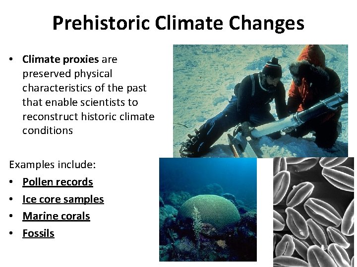 Prehistoric Climate Changes • Climate proxies are preserved physical characteristics of the past that