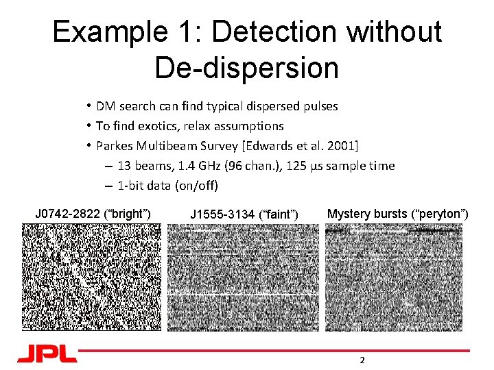 Example 1: Detection without De-dispersion • DM search can find typical dispersed pulses • Example 1: Detection without De-dispersion • DM search can find typical dispersed pulses •