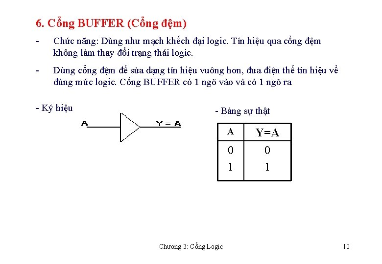 6. Cổng BUFFER (Cổng đệm) - Chức năng: Dùng như mạch khếch đại logic.
