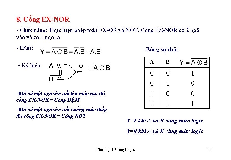 8. Cổng EX-NOR - Chức năng: Thực hiện phép toán EX-OR và NOT. Cổng