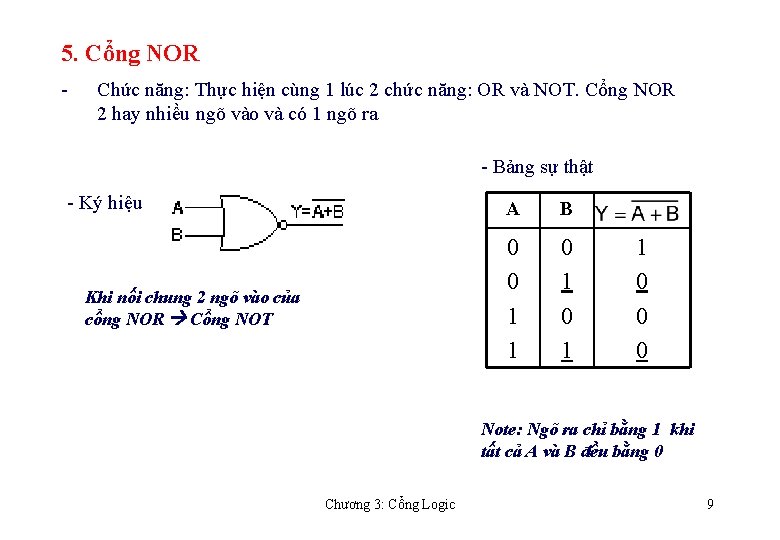 5. Cổng NOR - Chức năng: Thực hiện cùng 1 lúc 2 chức năng: