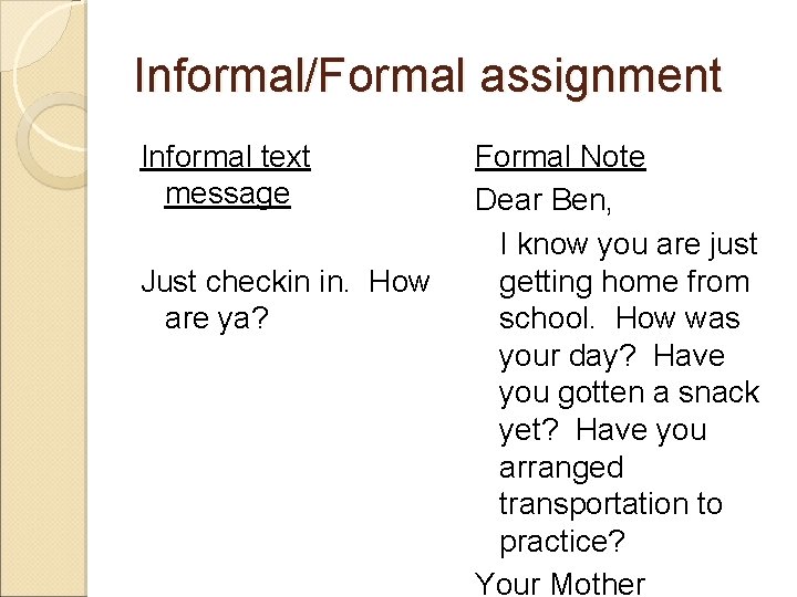 Informal/Formal assignment Informal text message Just checkin in. How are ya? Formal Note Dear