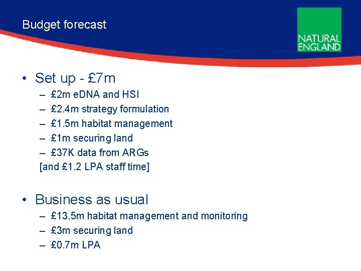 Budget forecast • Set up - £ 7 m – £ 2 m e.