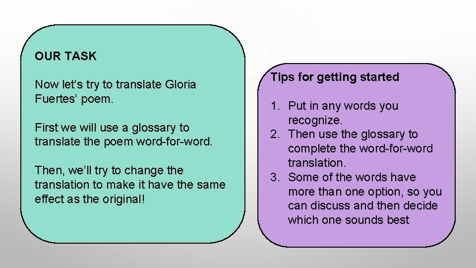 OUR TASK Now let’s try to translate Gloria Fuertes’ poem. First we will use