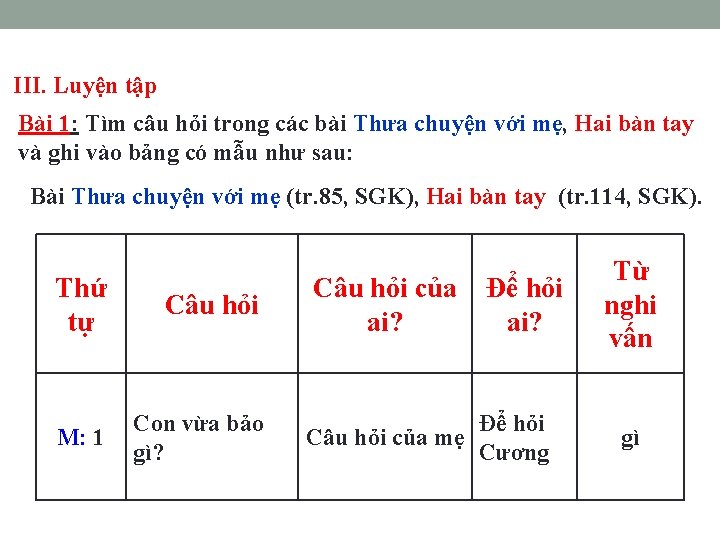 III. Luyện tập Bài 1: Tìm câu hỏi trong các bài Thưa chuyện với