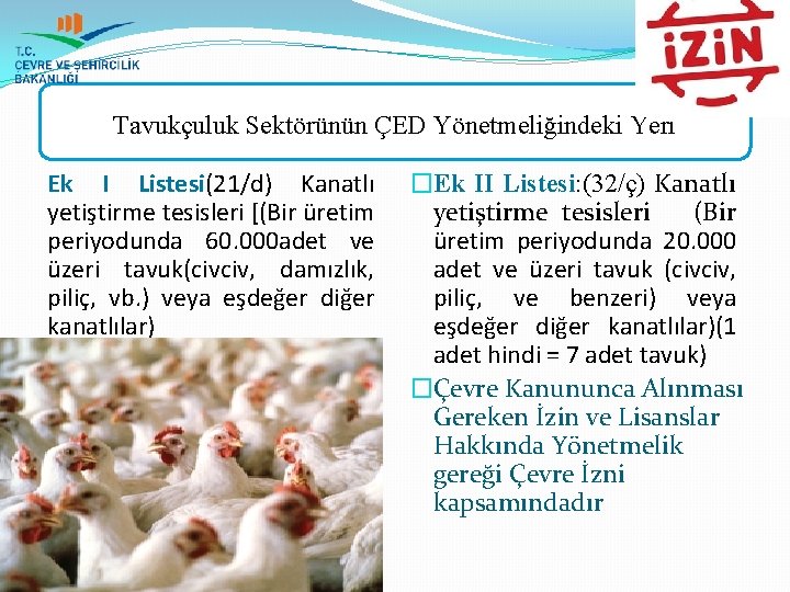 Tavukçuluk Sektörünün ÇED Yönetmeliğindeki Yeri Ek I Listesi(21/d) Kanatlı yetiştirme tesisleri [(Bir üretim periyodunda