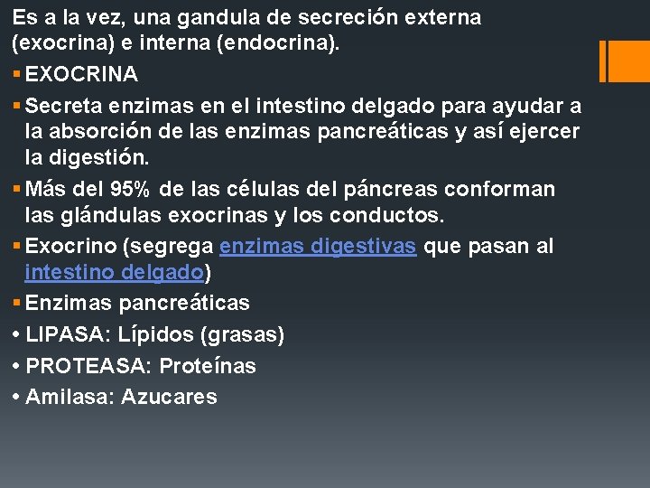 Es a la vez, una gandula de secreción externa (exocrina) e interna (endocrina). §