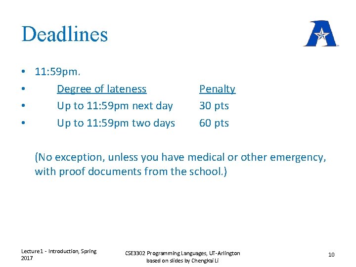 Deadlines • 11: 59 pm. • Degree of lateness • Up to 11: 59 Deadlines • 11: 59 pm. • Degree of lateness • Up to 11: 59