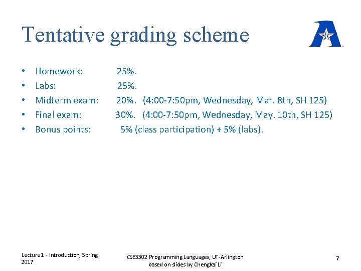 Tentative grading scheme • • • Homework: Labs: Midterm exam: Final exam: Bonus points: Tentative grading scheme • • • Homework: Labs: Midterm exam: Final exam: Bonus points: