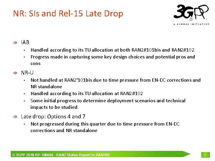 NR: SIs and Rel-15 Late Drop IAB • • Handled according to its TU