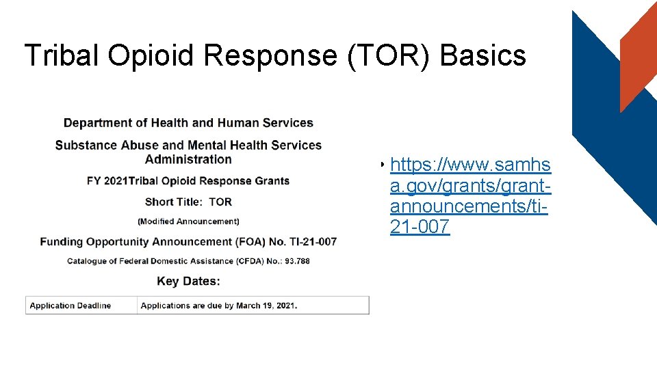 Tribal Opioid Response (TOR) Basics • https: //www. samhs a. gov/grants/grantannouncements/ti 21 -007 