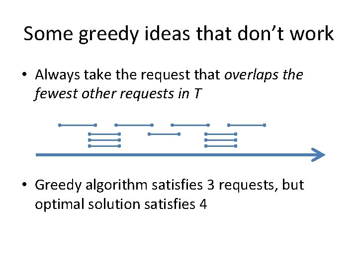 Some greedy ideas that don’t work • Always take the request that overlaps the