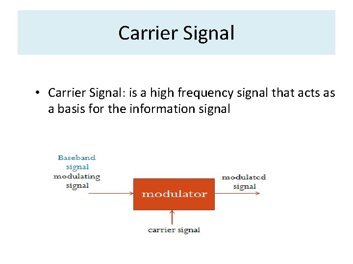 Carrier Signal • Carrier Signal: is a high frequency signal that acts as a