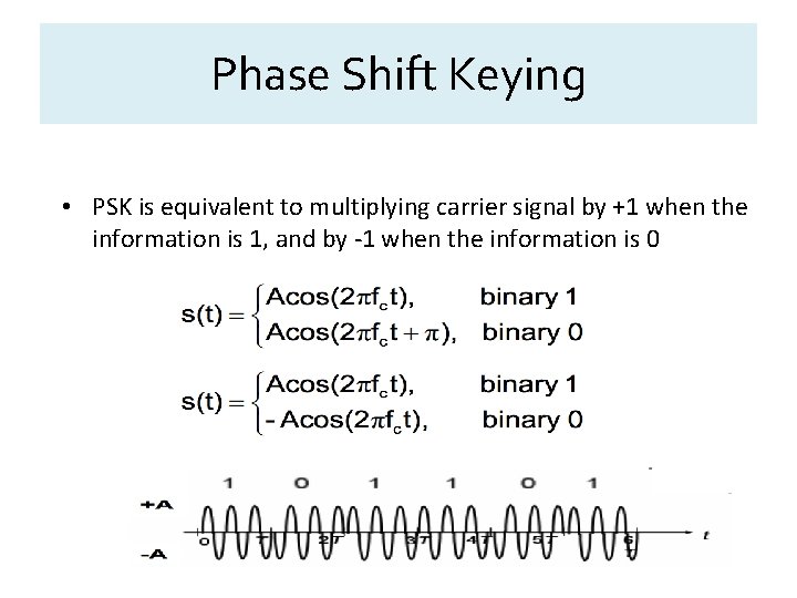 Phase Shift Keying • PSK is equivalent to multiplying carrier signal by +1 when