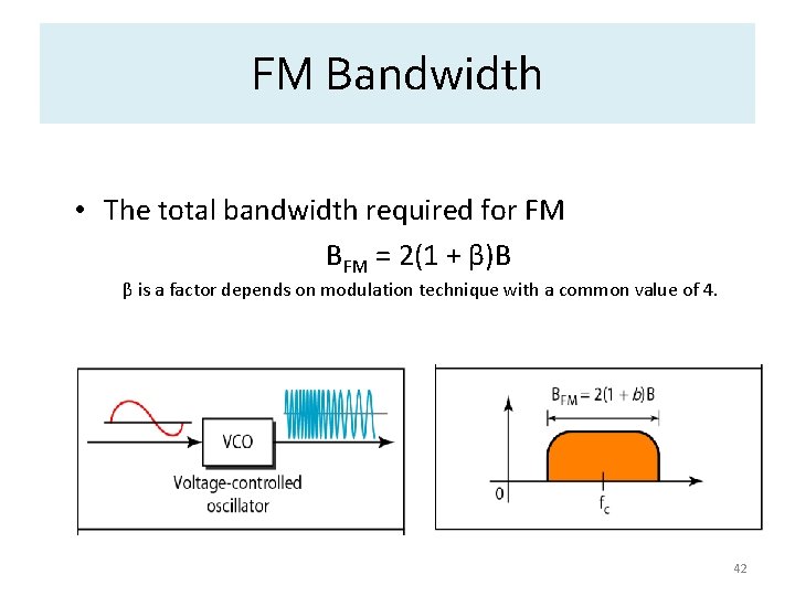 FM Bandwidth • The total bandwidth required for FM BFM = 2(1 + β)B