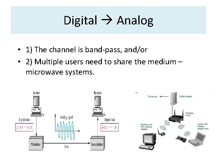 Digital Analog • 1) The channel is band-pass, and/or • 2) Multiple users need