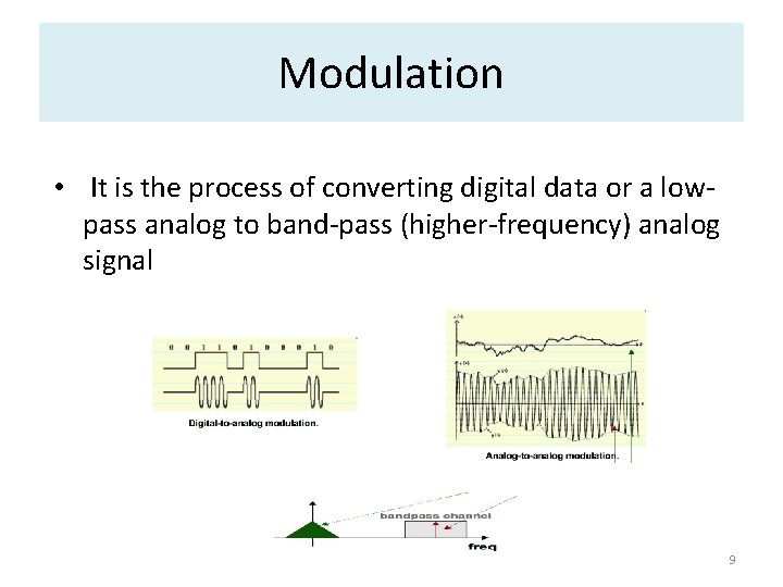 Modulation • It is the process of converting digital data or a lowpass analog