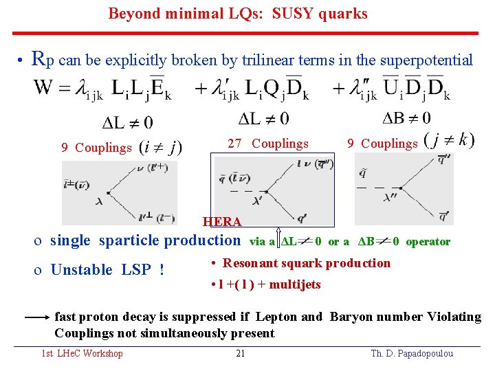 Beyond minimal LQs: SUSY quarks • Rp can be explicitly broken by trilinear terms