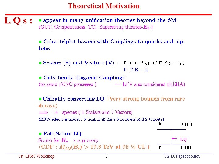 Theoretical Motivation LQs: b e(μ) LQ s 1 st LHe. C Workshop 3 μ(e)