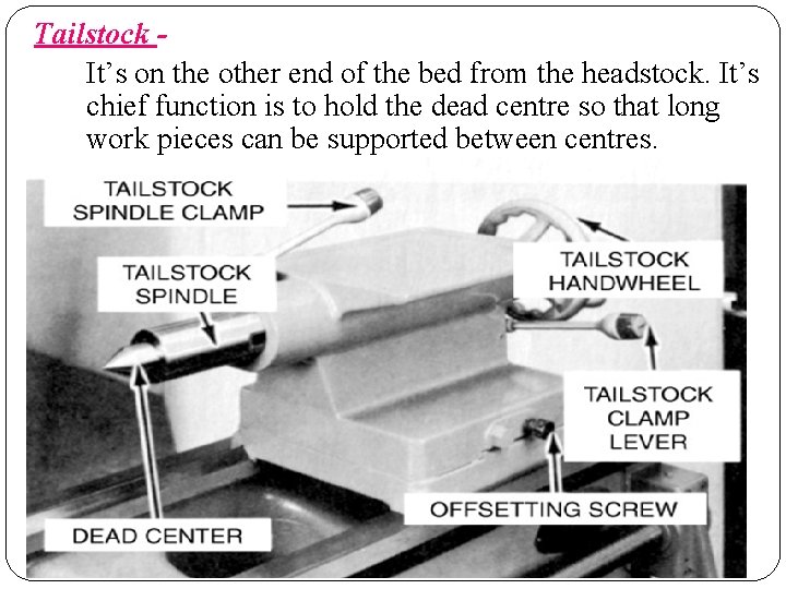 Tailstock It’s on the other end of the bed from the headstock. It’s chief Tailstock It’s on the other end of the bed from the headstock. It’s chief