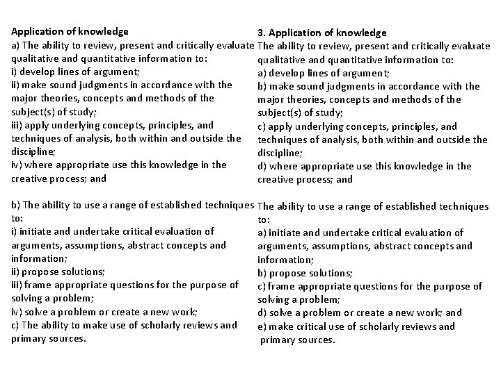 Application of knowledge 3. Application of knowledge a) The ability to review, present and