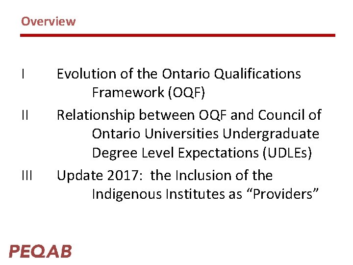 Overview I II III Evolution of the Ontario Qualifications Framework (OQF) Relationship between OQF