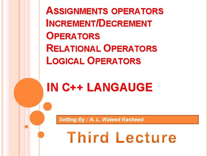 ASSIGNMENTS OPERATORS INCREMENT/DECREMENT OPERATORS RELATIONAL OPERATORS LOGICAL OPERATORS IN C++ LANGAUGE Setting By :