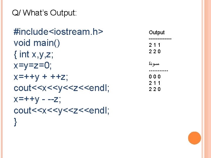 Q/ What’s Output: #include<iostream. h> void main() { int x, y, z; x=y=z=0; x=++y