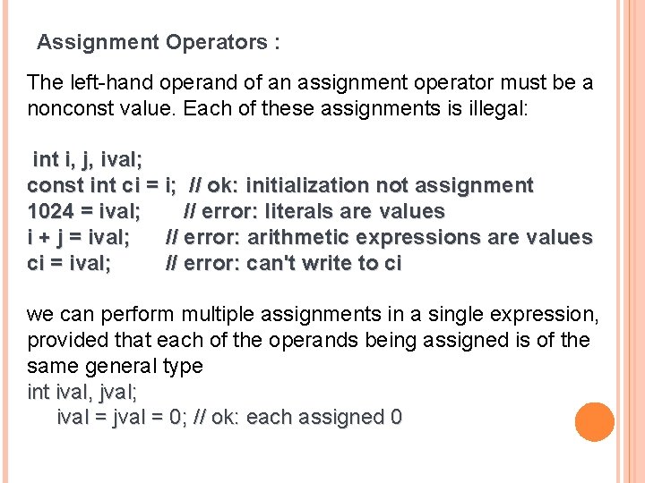 Assignment Operators : The left-hand operand of an assignment operator must be a nonconst
