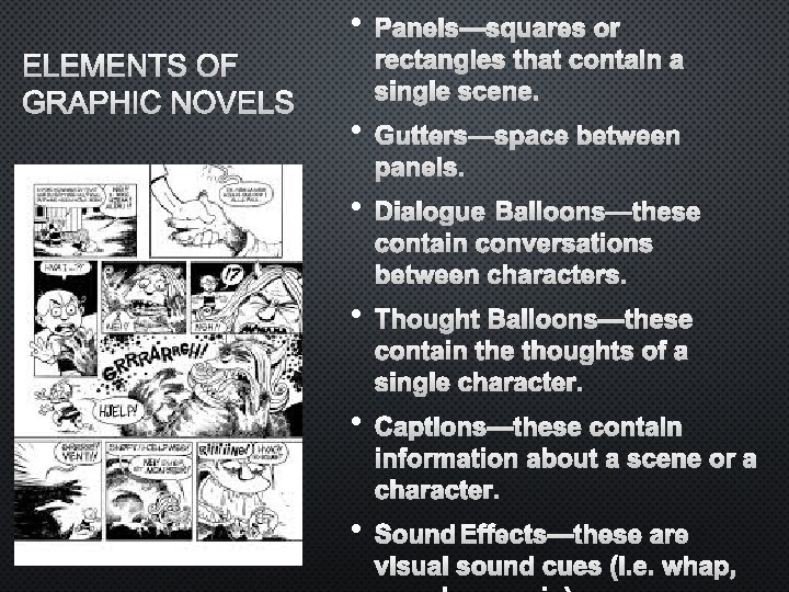  • ELEMENTS OF GRAPHIC NOVELS PANELS—SQUARES OR RECTANGLES THAT CONTAIN A SINGLE SCENE.