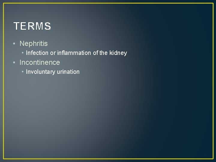 TERMS • Nephritis • Infection or inflammation of the kidney • Incontinence • Involuntary