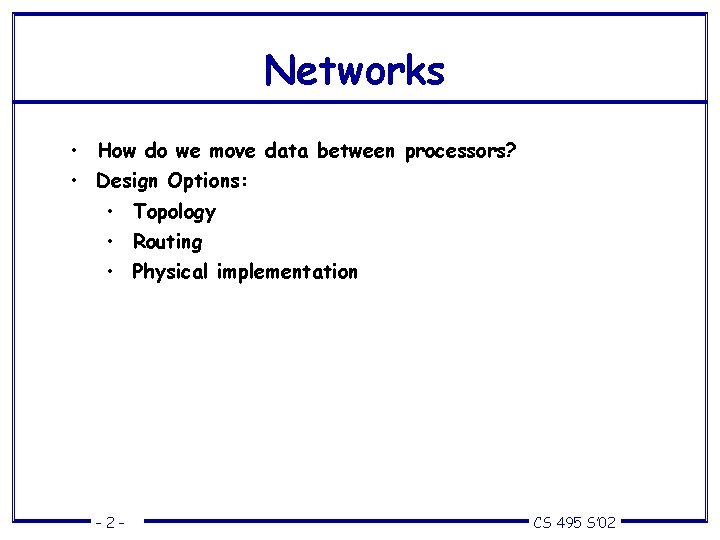 Networks • How do we move data between processors? • Design Options: • Topology