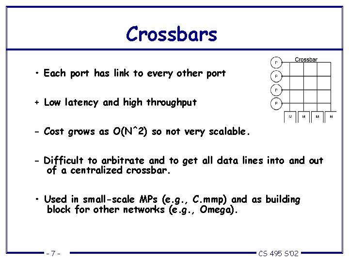 Crossbars • Each port has link to every other port + Low latency and