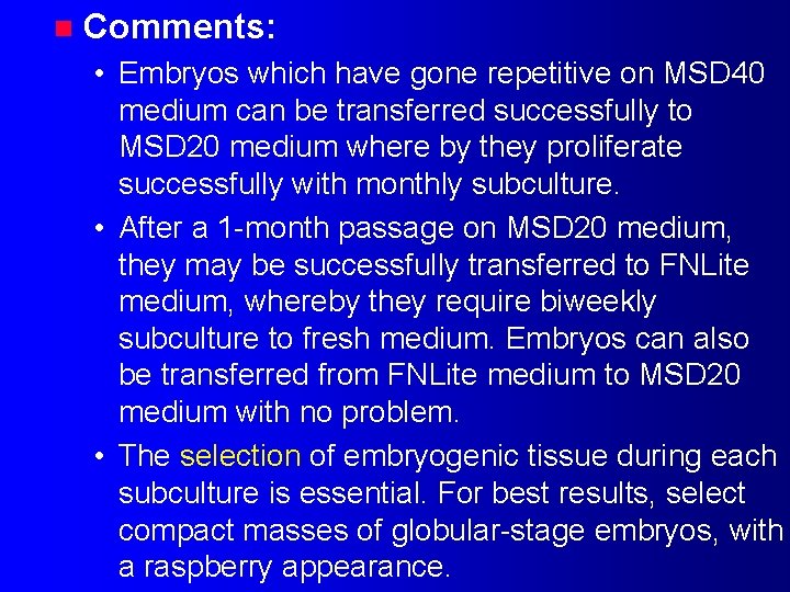 n Comments: • Embryos which have gone repetitive on MSD 40 medium can be