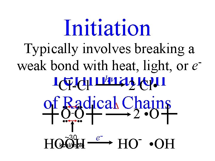Initiation Typically involves breaking a and weak bond with heat, light, or e h