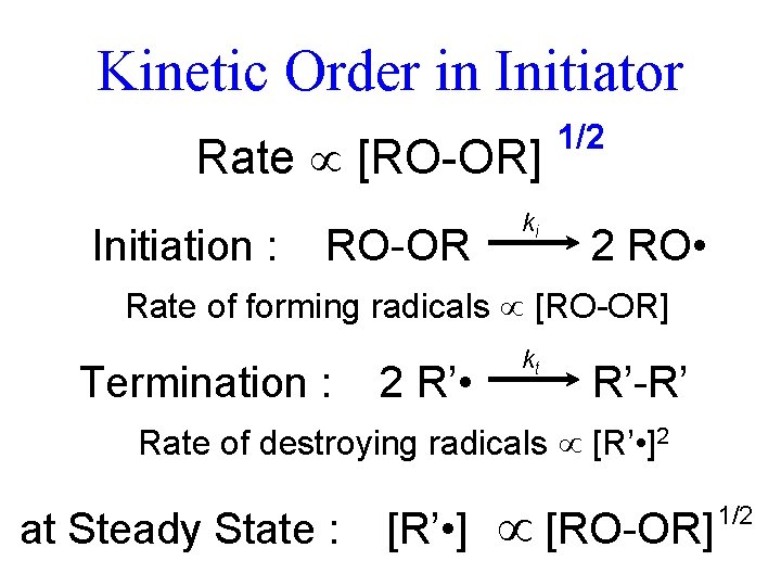 Kinetic Order in Initiator Rate [RO-OR] Initiation : RO-OR ki 1/2 ? 2 RO