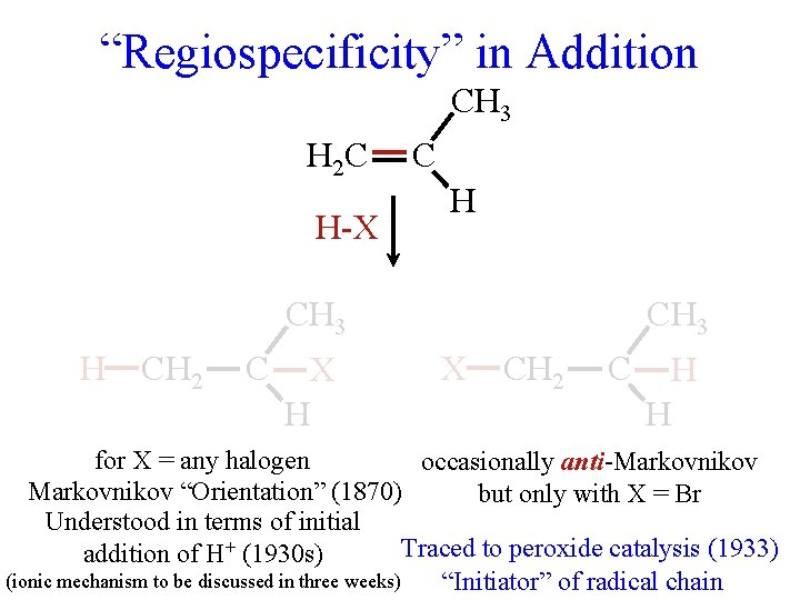 “Regiospecificity” in Addition CH 3 H 2 C H-X C H CH 3 H
