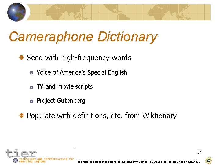 Cameraphone Dictionary Seed with high-frequency words Voice of America’s Special English TV and movie
