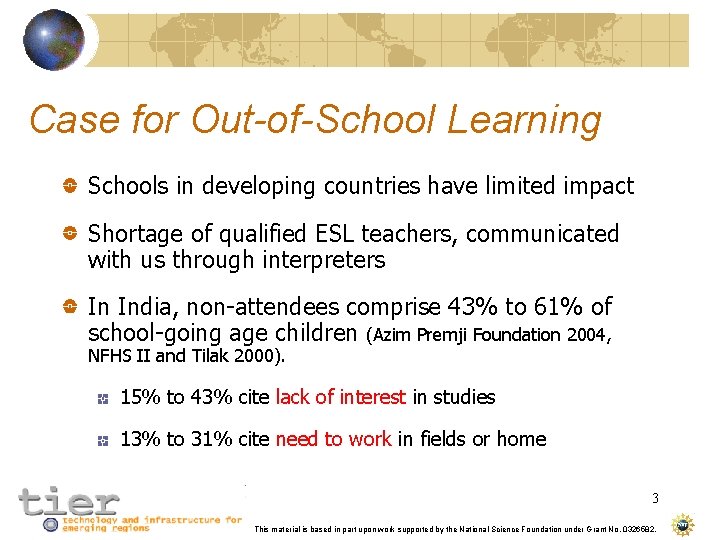 Case for Out-of-School Learning Schools in developing countries have limited impact Shortage of qualified