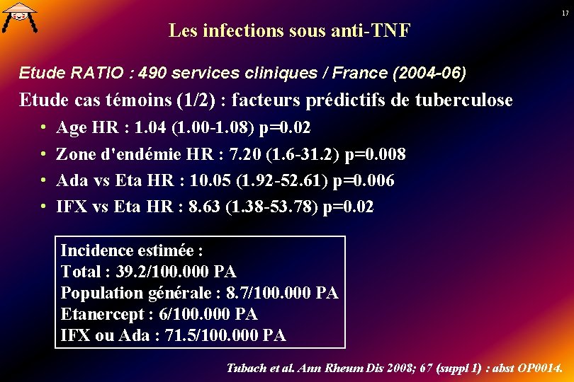 17 Les infections sous anti-TNF Etude RATIO : 490 services cliniques / France (2004