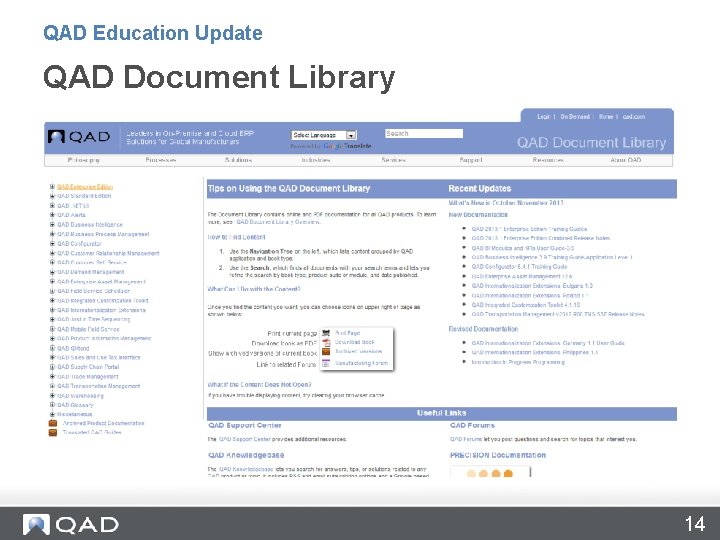 QAD Education Update QAD Document Library 14 