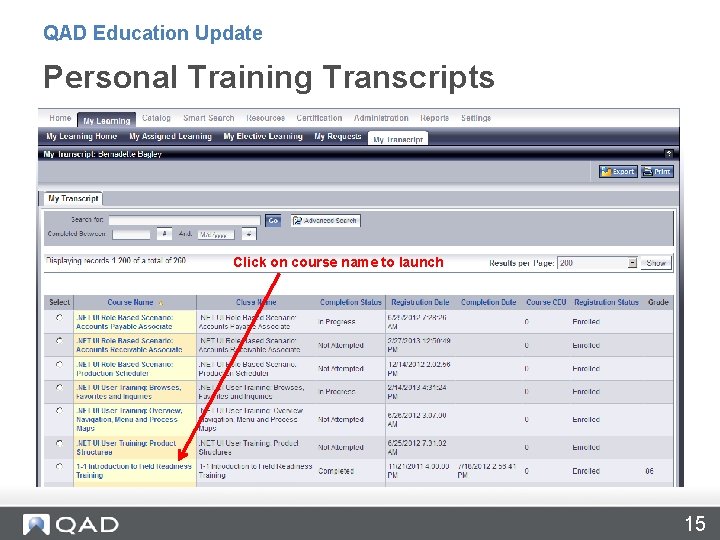 QAD Education Update Personal Training Transcripts Click on course name to launch 15 