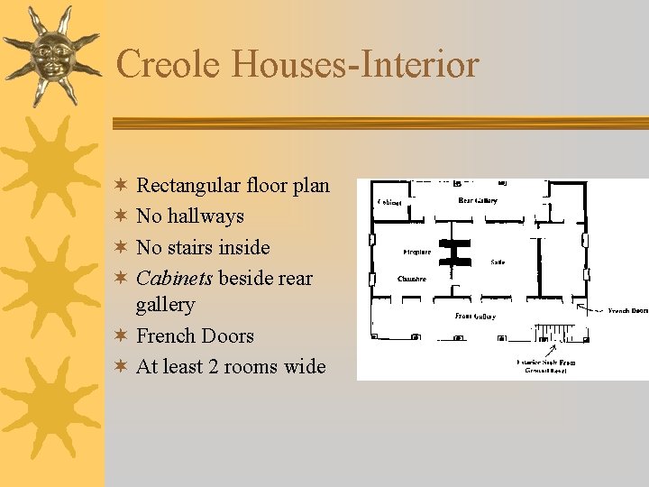 Creole Houses-Interior ¬ Rectangular floor plan ¬ No hallways ¬ No stairs inside ¬