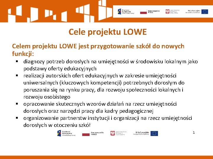 Cele projektu LOWE Celem projektu LOWE jest przygotowanie szkół do nowych funkcji: § diagnozy