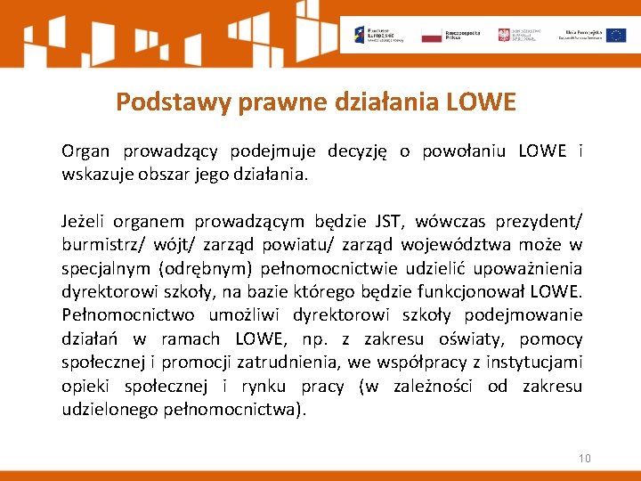 Podstawy prawne działania LOWE Organ prowadzący podejmuje decyzję o powołaniu LOWE i wskazuje obszar